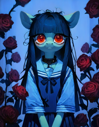 Size: 896x1152 | Tagged: safe, imported from derpibooru, oc, oc:cosmia nebula, anthro, ai content, ai generated, clothes, flower, generator:pony diffusion v6 xl, generator:stable diffusion, messy mane, prompt in description, prompter:kopaleo, rose, school uniform, tired