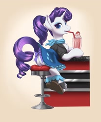 Size: 1687x2048 | Tagged: safe, artist:taytinabelle, imported from derpibooru, rarity, pony, unicorn, alternate hairstyle, bar stool, blushing, bow, butt, chest fluff, clothes, cutie mark, cutie mark accessory, cutie mark on clothes, dress, drink, eyeshadow, female, food, frills, frilly dress, frilly socks, gradient background, horn, looking at you, looking back, looking back at you, makeup, mare, milkshake, necktie, pinup, plot, raised tail, rearity, shirt, shoes, skirt, socks, solo, stool, straw, strawberry, tail, tail bow, upskirt, vignette