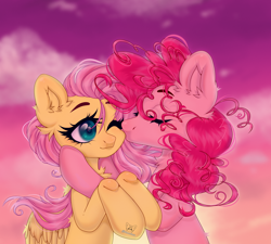 Size: 1280x1153 | Tagged: safe, artist:hoochuu, imported from derpibooru, fluttershy, pinkie pie, earth pony, pegasus, pony, bust, cheek kiss, chest fluff, ear fluff, eyes closed, female, flutterpie, kissing, lesbian, mare, one eye closed, shipping, sunset