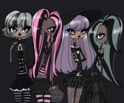 Size: 987x816 | Tagged: safe, artist:hellabox, imported from derpibooru, limestone pie, marble pie, maud pie, pinkie pie, human, alternate hairstyle, belly button, belt, black background, choker, clothes, corset, dark skin, dress, eyeshadow, female, fishnet clothing, fishnets, goth, gritted teeth, hat, humanized, jewelry, lipstick, makeup, midriff, nail polish, necklace, pie sisters, pinkamena diane pie, siblings, simple background, sisters, skirt, socks, spiked choker, stockings, striped socks, sun hat, teeth, thigh highs, vitiligo