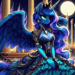 Size: 1024x1024 | Tagged: safe, imported from derpibooru, princess luna, anthro, ai content, ai generated, banner, bracelet, breasts, classy, cleavage, clothes, collar, corset, dress, evening gloves, frilly dress, generator:dall-e 3, gloves, gown, jewelry, lamp, long gloves, moon, night, palace, pillar, prompter:glimmy-glam, regal, side view, spread wings, stars, tiara, wings