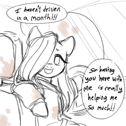 Size: 1280x1280 | Tagged: safe, artist:m4ycrowave, imported from derpibooru, fluttershy, pegasus, pony, car, dialogue, driving, female, looking at you, looking back, looking back at you, mare, monochrome, solo, talking to viewer