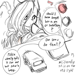 Size: 1280x1280 | Tagged: safe, artist:m4ycrowave, imported from derpibooru, fluttershy, pegasus, pony, car, dialogue, distracted, driving, female, implied pinkie pie, mare, monochrome, red light, solo, talking to viewer