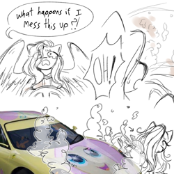 Size: 1280x1280 | Tagged: safe, artist:m4ycrowave, imported from derpibooru, fluttershy, pegasus, pony, car, car crash, dialogue, eye clipping through hair, female, hair over one eye, mare, partial color, simple background, smoke, solo, speech bubble, teary eyes, white background
