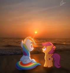 Size: 2700x2850 | Tagged: safe, artist:jaanhavi, imported from derpibooru, rainbow dash, scootaloo, pegasus, pony, beach, cute, cutealoo, female, filly, foal, high res, irl, mare, ocean, photo, ponies in real life, scootalove, siblings, sisters, sunset, water, wave