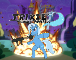 Size: 2280x1808 | Tagged: safe, artist:ligmire, imported from derpibooru, trixie, pony, unicorn, angry, digital art, explosion, horn, magic, night, parody, ponyville, rocket launcher, screencap background, shadow the hedgehog (game), solo, team fortress 2, telekinesis, twilight's castle, weapon