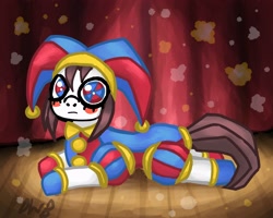 Size: 2500x2000 | Tagged: safe, artist:demonwburger, imported from derpibooru, earth pony, pony, blush sticker, blushing, female, hat, jester, jester hat, lying down, mare, pomni, ponified, ponmi, prone, solo, sploot, the amazing digital circus