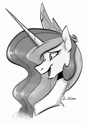 Size: 935x1336 | Tagged: safe, artist:askometa, imported from derpibooru, princess celestia, alicorn, pony, black and white, bust, g5, grayscale, monochrome, my little pony: make your mark, my little pony: make your mark chapter 2, open mouth, portrait, portrait of a princess, simple background, sketch, smiling, solo, white background