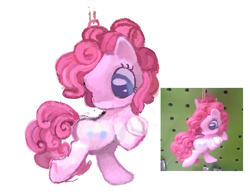 Size: 794x616 | Tagged: safe, artist:dddddaxie998839, imported from derpibooru, pinkie pie, earth pony, pony, big eyes, big head, blue eyes, chibi, curly mane, curly tail, female, hoof hold, mare, ornament, pink coat, pink mane, pink tail, simple background, smiling, solo, standing on two hooves, tail, toy, toy interpretation, white background, wingding eyes