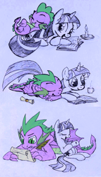 Size: 1280x2233 | Tagged: artist needed, safe, imported from derpibooru, spike, twilight sparkle, dragon, unicorn, age progression, book, candle, horn, letter, older, quill, scroll, size difference, winged spike, wings