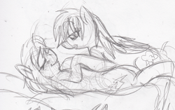 Size: 2257x1417 | Tagged: safe, artist:enigmaticfrustration, imported from derpibooru, rainbow dash, spitfire, pegasus, pony, bed, blushing, female, females only, lesbian, lying down, mare, monochrome, on bed, pencil drawing, shipping, sketch, spitdash, traditional art