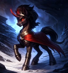 Size: 896x960 | Tagged: safe, imported from derpibooru, king sombra, unicorn, ai content, ai generated, angry, armor, cloak, clothes, cold, fantasy, generator:stable diffusion, hell, horn, male, red eyes, snow, stallion, wizard