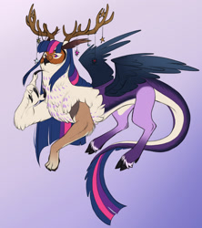 Size: 2048x2304 | Tagged: safe, artist:chub-wub, imported from derpibooru, twilight sparkle, draconequus, antlers, beak, chest fluff, claws, cloven hooves, coat markings, colored belly, colored ears, colored fetlocks, colored hooves, colored sclera, colored wings, draconequified, face fluff, feather ears, female, glasses, gradient background, gradient wings, horn, horn accessory, in air, leonine tail, long mane, long tail, looking back, multicolored mane, multicolored tail, pale belly, purple eyes, raised leg, requested art, round glasses, sharp claws, small glasses, socks (coat markings), solo, species swap, spread wings, straight mane, straight tail, tail, twikonequus, two toned eyes, unshorn fetlocks, wings, yellow sclera