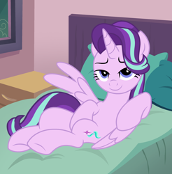 Size: 2374x2410 | Tagged: safe, artist:shieldwingarmorofgod, imported from derpibooru, starlight glimmer, alicorn, pony, alicornified, bed, bedroom eyes, draw me like one of your french girls, female, lying down, pillow, race swap, starlicorn, xk-class end-of-the-world scenario