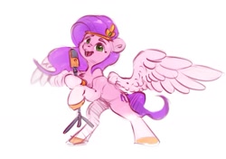 Size: 1200x847 | Tagged: safe, artist:itssim, imported from derpibooru, pipp petals, pegasus, pony, bipedal, colored sketch, female, g5, mare, microphone, open mouth, open smile, simple background, sketch, smiling, solo, spread wings, white background, wings