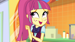 Size: 1280x717 | Tagged: safe, imported from derpibooru, screencap, sour sweet, human, dance magic, equestria girls, spoiler:eqg specials, clothes, crystal prep academy uniform, equestria girls specials, female, freckles, ponytail, school uniform, smiling, solo
