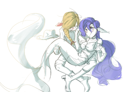 Size: 2048x1536 | Tagged: safe, artist:gamagama6, imported from derpibooru, applejack, rarity, human, mermaid, applejack's hat, belly button, blushing, boots, bra, braid, breasts, bridal carry, busty rarity, carrying, clothes, cowboy hat, crying, duo, duo female, ear fins, eyebrows, eyebrows visible through hair, eyes closed, female, gritted teeth, hand on cheek, hat, hat off, high heel boots, humanized, jewelry, lesbian, mermaidized, mermarity, necklace, rarijack, shipping, shirt, shoes, shorts, simple background, species swap, teeth, underwear, wet, white background