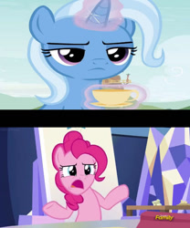 Size: 506x609 | Tagged: safe, artist:batman714, imported from derpibooru, pinkie pie, trixie, earth pony, unicorn, cup, glare, horn, teacup, trixie is not amused, unamused