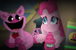 Size: 1280x854 | Tagged: safe, artist:faitheverlasting, imported from derpibooru, part of a set, pinkie pie, earth pony, pig, pony, battery, commission, cupcake, food, poppy playtime, smiling, story included