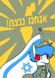 Size: 750x1061 | Tagged: safe, artist:redbluepony, imported from derpibooru, oc, oc only, earth pony, pony, clothes, earth pony oc, eye clipping through hair, flag, hebrew, hoof hold, israel, looking at you, no catchlights, no mouth, politics, poster, red eyes take warning, soldier, solo, staring into your soul, uniform