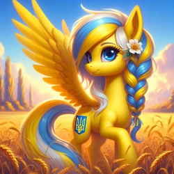 Size: 1024x1024 | Tagged: safe, imported from derpibooru, oc, oc only, oc:ukraine, pegasus, pony, ai content, ai generated, braid, flower, flower in hair, food, nation ponies, ponified, prompter:pedro720k izzy oficial, solo, ukraine, wheat
