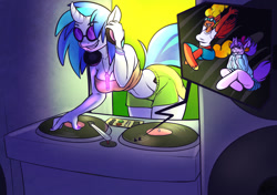 Size: 1500x1053 | Tagged: safe, artist:sheela, imported from twibooru, dj pon-3, vinyl scratch, oc, unnamed oc, anthro, unicorn, breasts, busty vinyl scratch, clothes, glowstick, grin, headphones, image, jewelry, micro, necklace, needs more jpeg, record, shorts, smiling, sweater