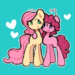 Size: 2048x2048 | Tagged: safe, artist:starrymysteryy, imported from derpibooru, fluttershy, pinkie pie, earth pony, pegasus, pony, blue background, duo, female, floating heart, flutterpie, heart, lesbian, mare, shipping, simple background