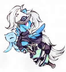 Size: 2001x2169 | Tagged: safe, artist:liaaqila, imported from derpibooru, trixie, oc, oc only, pony, clothes, commission, cosplay, costume, crossover, female, gun, mare, mask, rifle, simple background, solo, sonic the hedgehog (series), tongue out, traditional art, variable wispon, weapon, whisper the wolf, white background