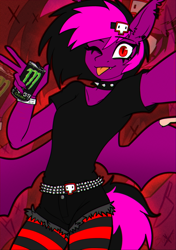 Size: 1992x2831 | Tagged: safe, artist:b(r)at, imported from derpibooru, oc, oc only, oc:violet valium, anthro, bat pony, anthro oc, bat pony oc, bat wings, chromatic aberration, clothes, collar, drink, ear piercing, energy drink, eyeliner, fangs, hairclip, hospital band, leggings, makeup, monster energy, one eye closed, peace sign, piercing, red eyes, scar, selfie, shirt, shorts, signature, solo, spiked collar, spread wings, studded belt, t-shirt, tail, tongue out, torn clothes, two toned mane, two toned tail, wings, wink