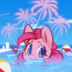Size: 720x720 | Tagged: safe, artist:mirroredsea, imported from derpibooru, pinkie pie, earth pony, pony, animated, ball, female, mare, music, ocean, palm tree, solo, sound, swimming, swimming pool, tree, water, webm