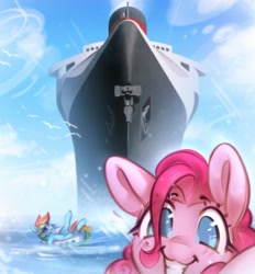 Size: 2548x2748 | Tagged: safe, artist:mirroredsea, imported from derpibooru, pinkie pie, rainbow dash, bird, earth pony, pegasus, pony, cruise ship, duo, female, inner tube, mare, ocean, pool toy, reclining, sunglasses, swimming, water