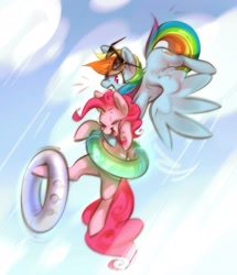 Size: 2300x2679 | Tagged: safe, artist:mirroredsea, imported from derpibooru, pinkie pie, rainbow dash, earth pony, pegasus, pony, duo, female, flying, holding a pony, inner tube, laughing, mare, pool toy, sunglasses