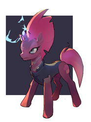 Size: 635x852 | Tagged: safe, artist:vondsketch, imported from derpibooru, tempest shadow, pony, unicorn, abstract background, armor, broken horn, clothes, female, horn, leotard, magic, mare, scar, solo