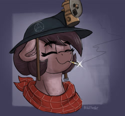 Size: 2346x2176 | Tagged: safe, artist:reddthebat, imported from derpibooru, oc, oc only, oc:number nine, earth pony, pony, bandana, bust, cigarette, eyebrows, eyebrows visible through hair, eyes closed, female, floppy ears, helmet, high res, mare, mining helmet, signature, smiling, smoking, solo