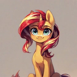 Size: 1024x1024 | Tagged: safe, imported from derpibooru, sunset shimmer, pony, unicorn, ai content, ai generated, female, generator:pony diffusion v6 xl, generator:stable diffusion, horn, looking at you, mare, simple background, sitting, smiling, solo