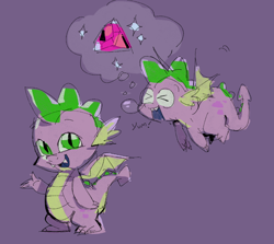 Size: 846x754 | Tagged: safe, artist:fryologyyy, imported from derpibooru, spike, dragon, ><, colored sketch, colored wings, cute, cute little fangs, daydream, eyes closed, fangs, flying, gem, green eyes, male, open mouth, open smile, purple background, scales, simple background, sketch, slit pupils, smiling, snot bubble, solo, spikabetes, spikes, spread wings, standing, text, thinking, thought bubble, two toned eyes, two toned wings, wingding eyes, winged spike, wings