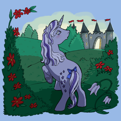 Size: 2048x2048 | Tagged: safe, artist:universalheart, imported from derpibooru, twilight, pony, unicorn, bush, butt, castle, female, flower, g1, high res, horn, mare, plot, solo