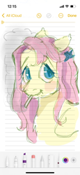Size: 945x2048 | Tagged: safe, artist:universalheart, imported from derpibooru, fluttershy, pegasus, pony, blush sticker, blushing, bust, drugs, female, floppy ears, flutterhigh, high, joint, mare, marijuana, sketch, smiling, smoking, solo