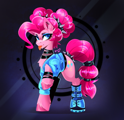 Size: 2577x2496 | Tagged: safe, artist:buvanybu, imported from derpibooru, pinkie pie, earth pony, pony, :p, alternate hairstyle, boots, bracelet, chest fluff, choker, clothes, ear piercing, eyeshadow, female, fetlock tuft, high res, hock fluff, hoof boots, jacket, jewelry, makeup, mare, piercing, pigtails, punkie pie, raised hoof, shoes, signature, solo, spiked headband, spiked tail band, tail, tail band, tail wrap, three quarter view, tongue out