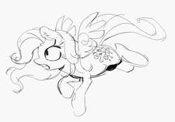 Size: 711x497 | Tagged: safe, artist:fryologyyy, imported from derpibooru, thistle whistle, pegasus, pony, black and white, ear fluff, eyelashes, female, floppy ears, flying, g3, grayscale, long mane, long tail, mare, monochrome, open mouth, profile, raised hoof, simple background, sketch, solo, tail, teeth, wavy mane, wavy tail, white background