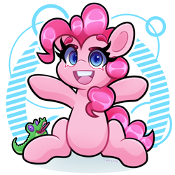 Size: 4000x4000 | Tagged: safe, artist:partypievt, imported from derpibooru, gummy, pinkie pie, earth pony, pony, arms in the air, eyebrows, high res, looking at you, simple background, sitting, smiling, smiling at you, solo, tongue out