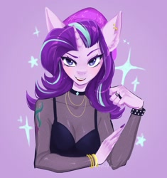 Size: 2027x2160 | Tagged: safe, artist:tomi_ouo, imported from derpibooru, starlight glimmer, anthro, unicorn, alternative cutie mark placement, beret, big ears, female, hat, horn, purple background, shoulder cutie mark, simple background, solo