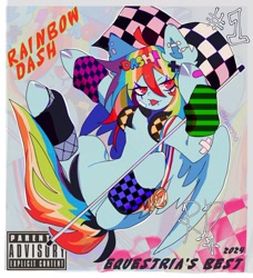 Size: 1096x1200 | Tagged: safe, artist:emoboy130, imported from derpibooru, rainbow dash, pegasus, pony, ahoge, alternate tail color, anatomically incorrect, bandaid, blue coat, checkered flag, clothes, colored pinnae, colored wings, ear fluff, ear piercing, earring, eye clipping through hair, female, fishnet clothing, flag, hair accessory, hairclip, headphones, holding flag, in air, incorrect leg anatomy, industrial piercing, jewelry, leg warmers, lip piercing, long mane, long tail, mane accessory, medals, multicolored hair, multicolored mane, multicolored tail, narrowed eyes, parental advisory, partially open wings, piercing, pink eyes, rainbow hair, rainbow tail, raised hooves, red text, shiny hooves, shiny mane, shiny tail, shrunken pupils, signature, snake bites, solo, tail, text, tongue out, tongue piercing, two toned wings, wall of tags, wings, zoom layer