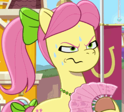Size: 1200x1080 | Tagged: safe, imported from derpibooru, screencap, earth pony, pony, spoiler:g5, spoiler:my little pony: tell your tale, spoiler:tyts01e57, animated, cropped, extreme speed animation, fan, female, frown, g5, gif, hot day huh?, jewelry, mare, my little pony: tell your tale, necklace, paper fan, posey bloom, seizure warning, solo, sweat, sweatdrop