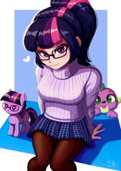 Size: 706x1000 | Tagged: safe, artist:the-park, imported from derpibooru, sci-twi, spike, spike the regular dog, twilight sparkle, dog, human, pony, equestria girls, clothes, duo, duo male and female, female, heart, human coloration, male, plushie, pony plushie, sitting, sweater