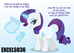 Size: 935x661 | Tagged: safe, artist:excelso36, imported from ponybooru, rarity, pony, bedroom eyes, diaper, diaper butt, diaper fetish, female, fetish, looking back, mare, non-baby in diaper, poofy diaper, rear view, simple background, slender, solo, talking to viewer