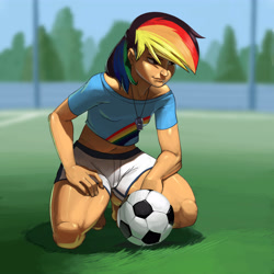 Size: 5000x5000 | Tagged: safe, artist:kevinsano, imported from derpibooru, rainbow dash, human, barefoot, belly button, clothes, feet, female, football, futa folio, humanized, midriff, shorts, solo, sports