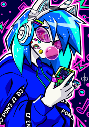 Size: 564x797 | Tagged: safe, artist:d0bledee, imported from derpibooru, dj pon-3, vinyl scratch, human, equestria girls, bandaid, blue background, bubblegum, cat ears, cellphone, clothes, eyebrows, eyebrows visible through hair, female, food, gum, hairclip, headphones, heart, hoodie, horn, looking at you, music notes, phone, rainbow, simple background, smiley face, solo, sticker, vinyl's glasses