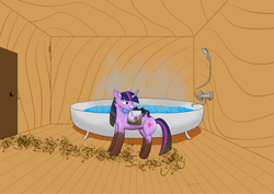 Size: 7016x4961 | Tagged: safe, artist:пшеница, derpibooru exclusive, imported from derpibooru, twilight sparkle, oc, oc:nyx, alicorn, pony, unicorn, fanfic:past sins, bag, bathroom, blood, covered in mud, duo, female, filly, foal, horn, looking back, mare, messy mane, saddle bag, sleeping, unicorn twilight