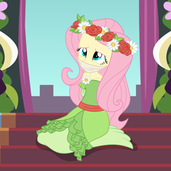 Size: 2000x2000 | Tagged: safe, artist:nie-martw-sie-o-mnie, imported from derpibooru, part of a set, fluttershy, equestria girls, magical mystery cure, arm behind back, bare shoulders, cloth gag, clothes, coronation dress, dress, female, femsub, fluttersub, gag, kneeling, solo, solo female, stairs, submissive